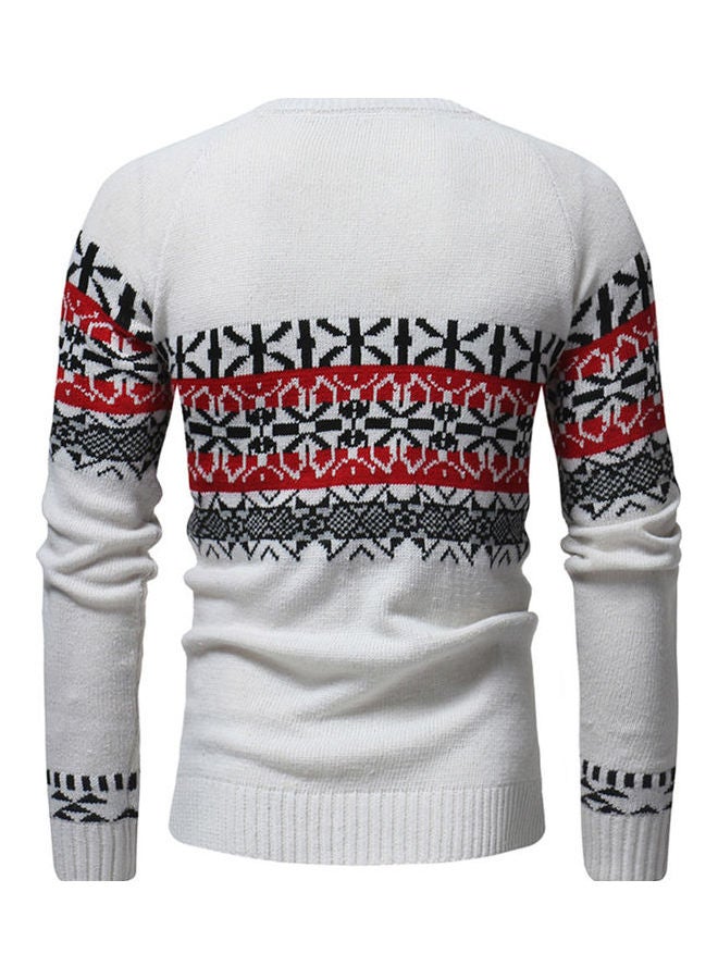 سترة محاكة بياقة مستديرة أبيض/أحمر/أسود - Image 4