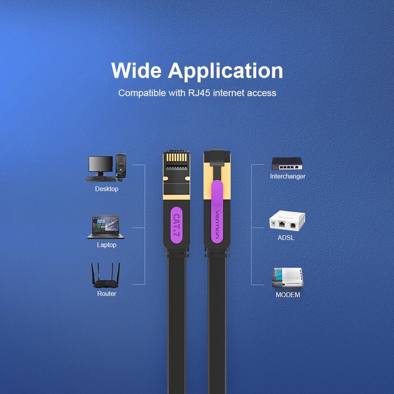 VENTION Cat 7 Ethernet Fast Speed Flat LAN Network Cable Black  - Image 2