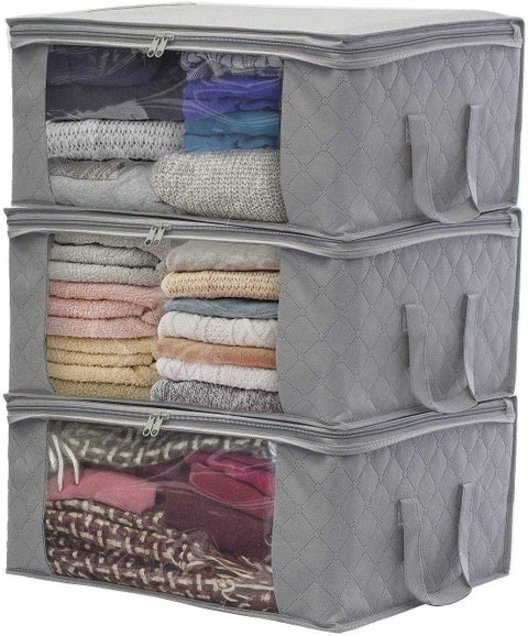 3-Piece Foldable Storage Bag Organizers With Carry Handles Grey 50cm