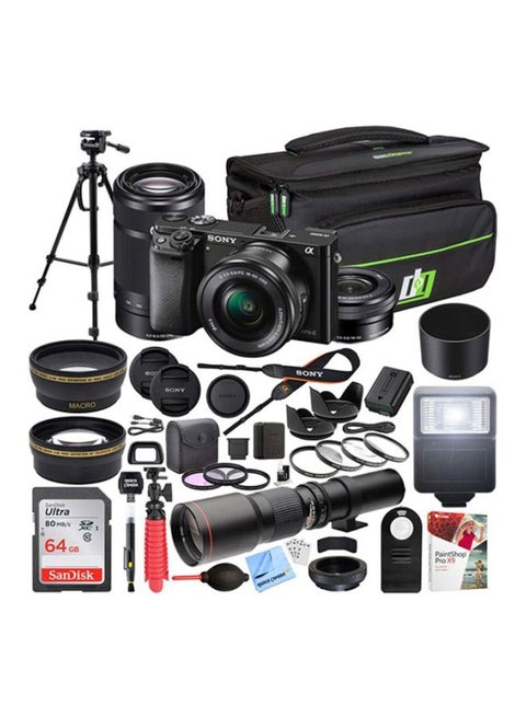 Alpha a6000 Mirrorless Camera With E 16-50mm f/3.5-5.6 PZ OSS Lens + E 55-210mm f/4.5-6.3 OSS Lens 24.3MP With Tilt LCD Screen, Built-in Wi-Fi And Accessory Bundle