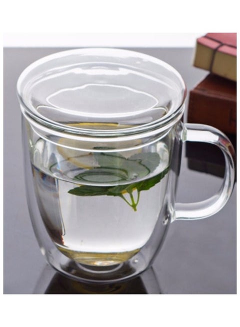 Double Wall Glass Tea Cup With Handle And Cup Lid Clear