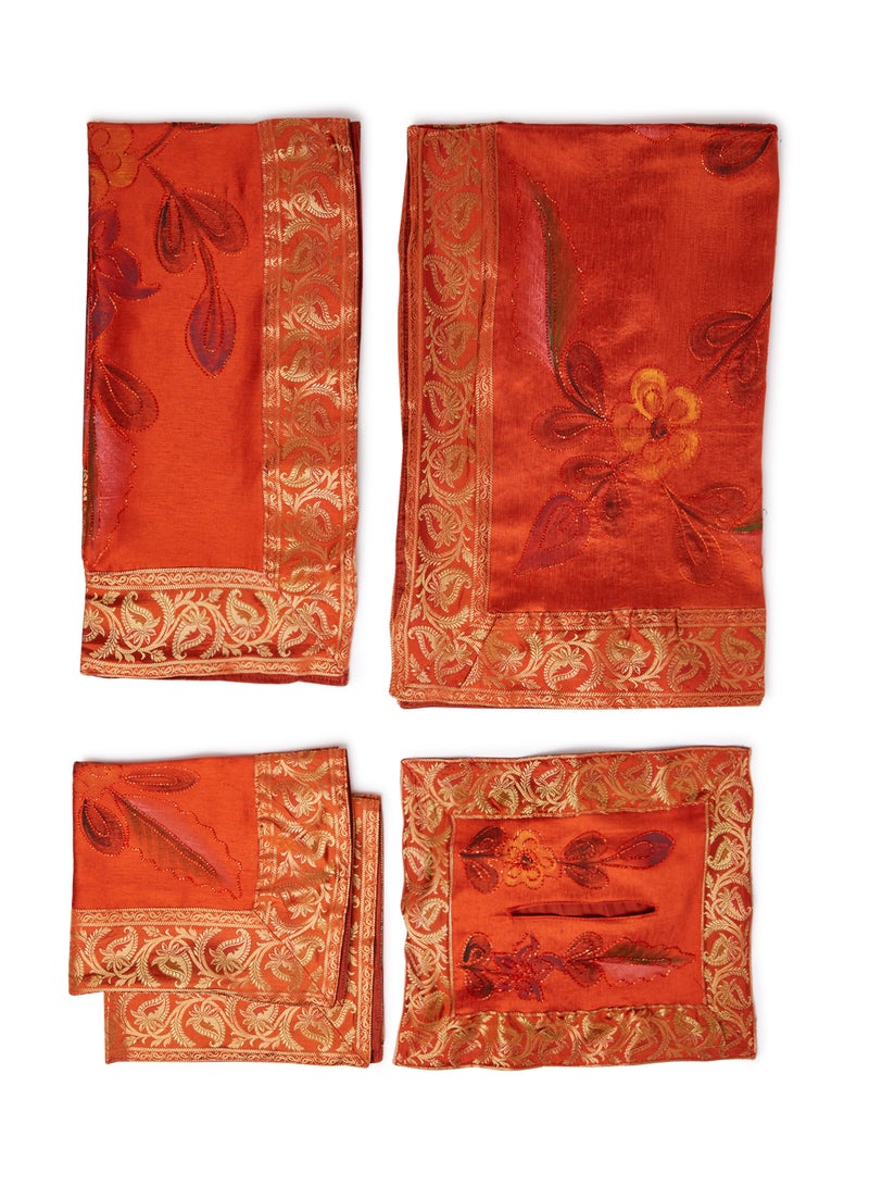Ikras 5-Piece Embroidered Table Cloth Set Red/Gold 110x110cm - Image 1