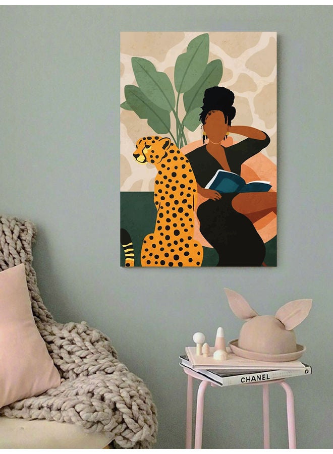 أتيك لوحة فنية تجريدية تمثل امرأة وفهداً متعدد الألوان 40x60سم - Image 2