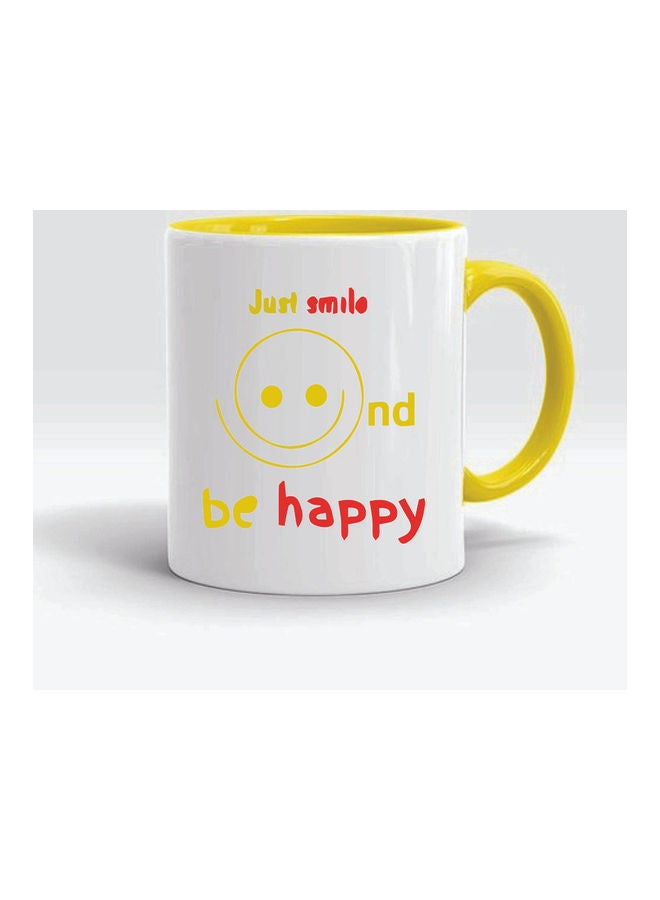 FBGenics Just Smile And Be Happy Printed Ceramic Mug Yellow/White 325ml - Image 1