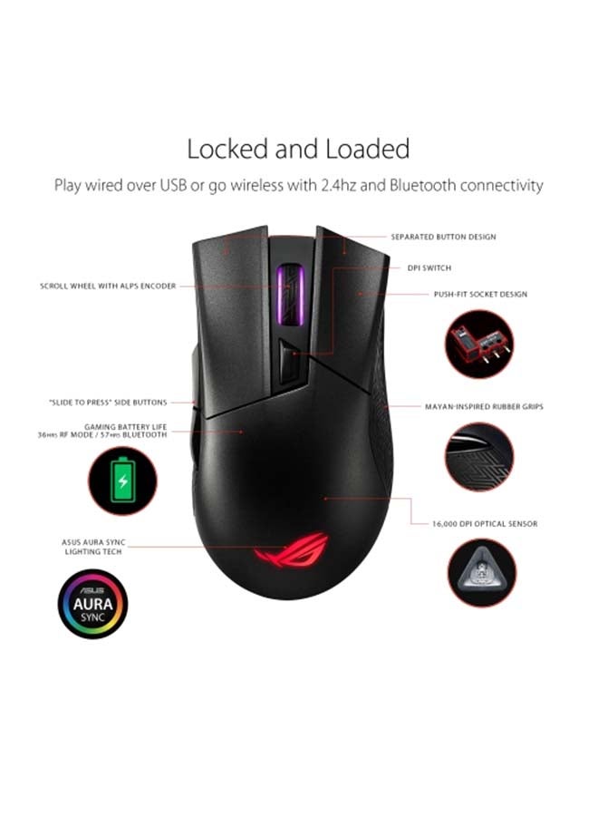 ASUS - ROG Gladius II Wireless Ergonomic RGB Gaming Mouse with dual 2.4GHz/Bluetooth Wireless Connectivity, Advanced 16000-DPI Sensor, ROG-Exclusive Switch Socket Design, and Aura Sync lighting - Image 1