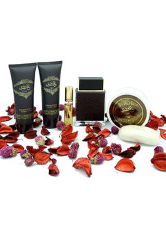 ارض الزعفران طقم هدايا عودي فراجرانس من 6 قطع (Body Lotion 100ml, Shower gel 100ml, Perfume 100ml, Soap 100g, Powder 100g, Small Parfum 20ml)  - Image 2