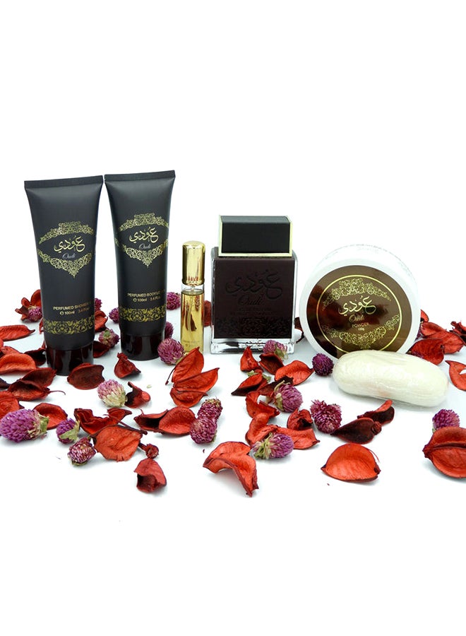 ارض الزعفران طقم هدايا عودي فراجرانس من 6 قطع (Body Lotion 100ml, Shower gel 100ml, Perfume 100ml, Soap 100g, Powder 100g, Small Parfum 20ml)  - Image 2