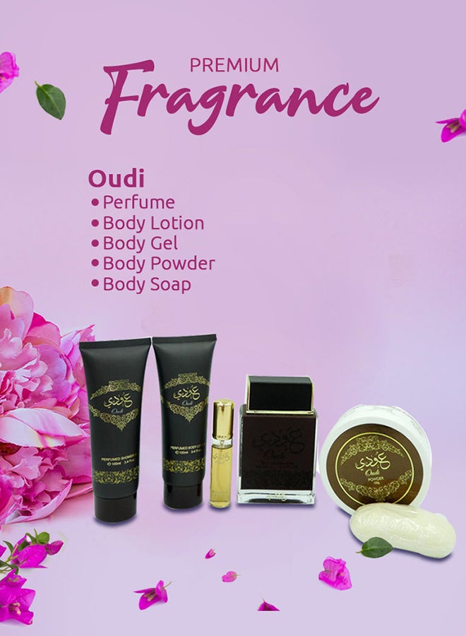 ارض الزعفران طقم هدايا عودي فراجرانس من 6 قطع (Body Lotion 100ml, Shower gel 100ml, Perfume 100ml, Soap 100g, Powder 100g, Small Parfum 20ml)  - Image 3