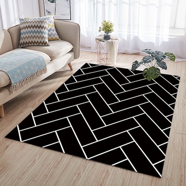 Modern Simple Wavy Pattern Anti-Slip Living Room Floor Rug Black 60x90cm  - Image 4