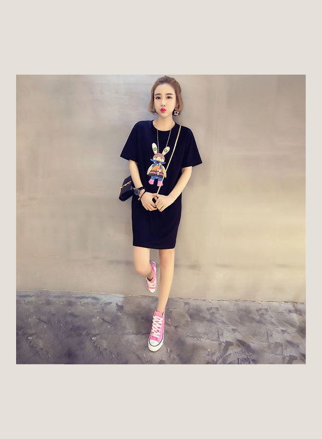 Cartoon Printed Short Sleeves Dress Black - Image 5