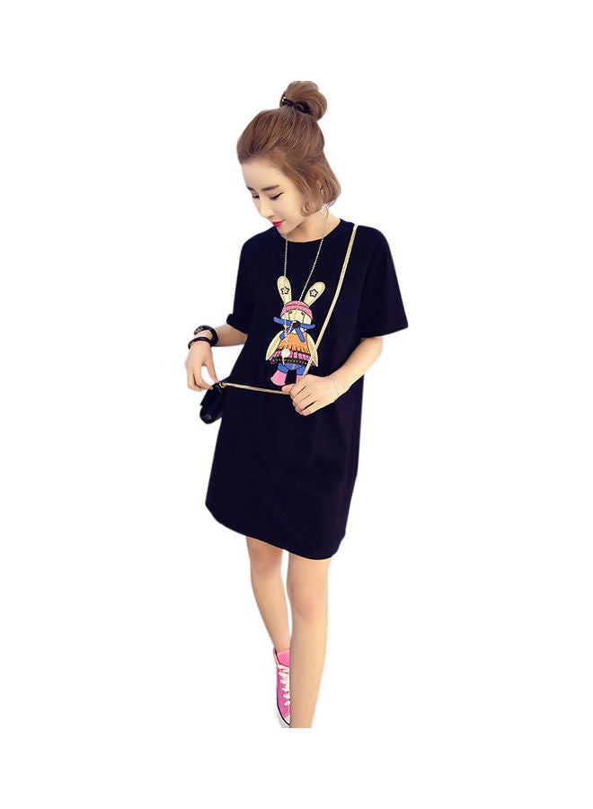 Cartoon Printed Short Sleeves Dress Black - Image 1