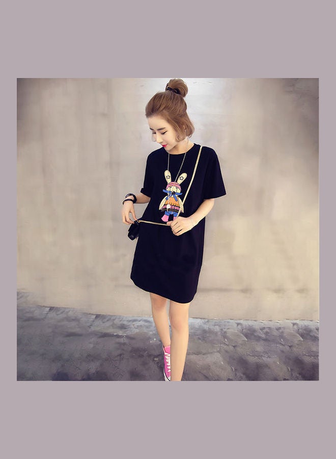 Cartoon Printed Short Sleeves Dress Black - Image 2