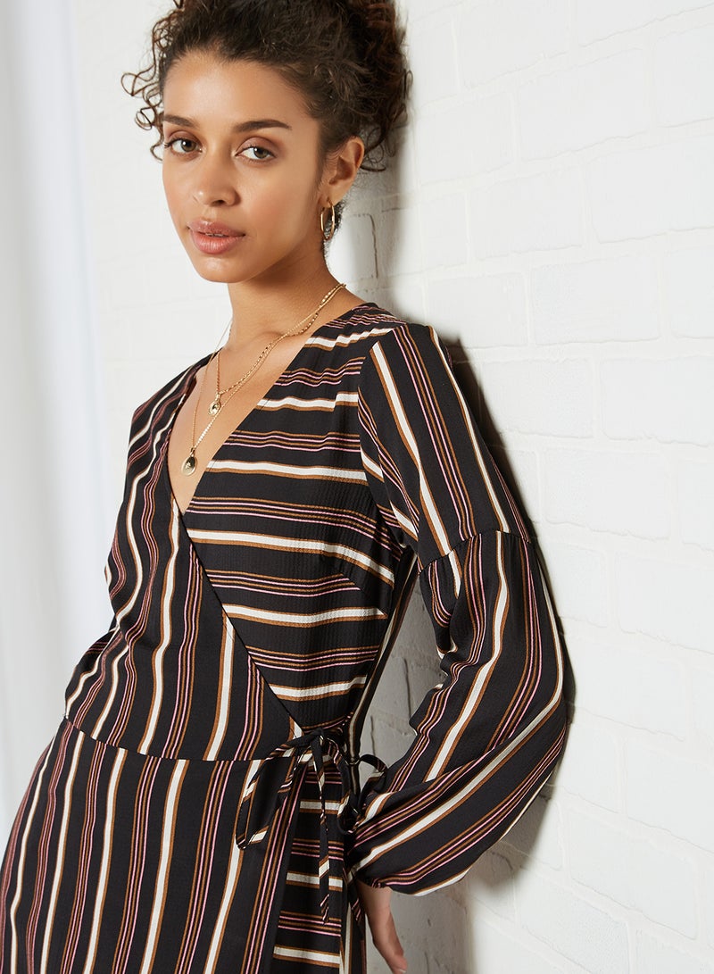 BRAVE SOUL - Striped Wrap Dress Black Stripe - Image 1