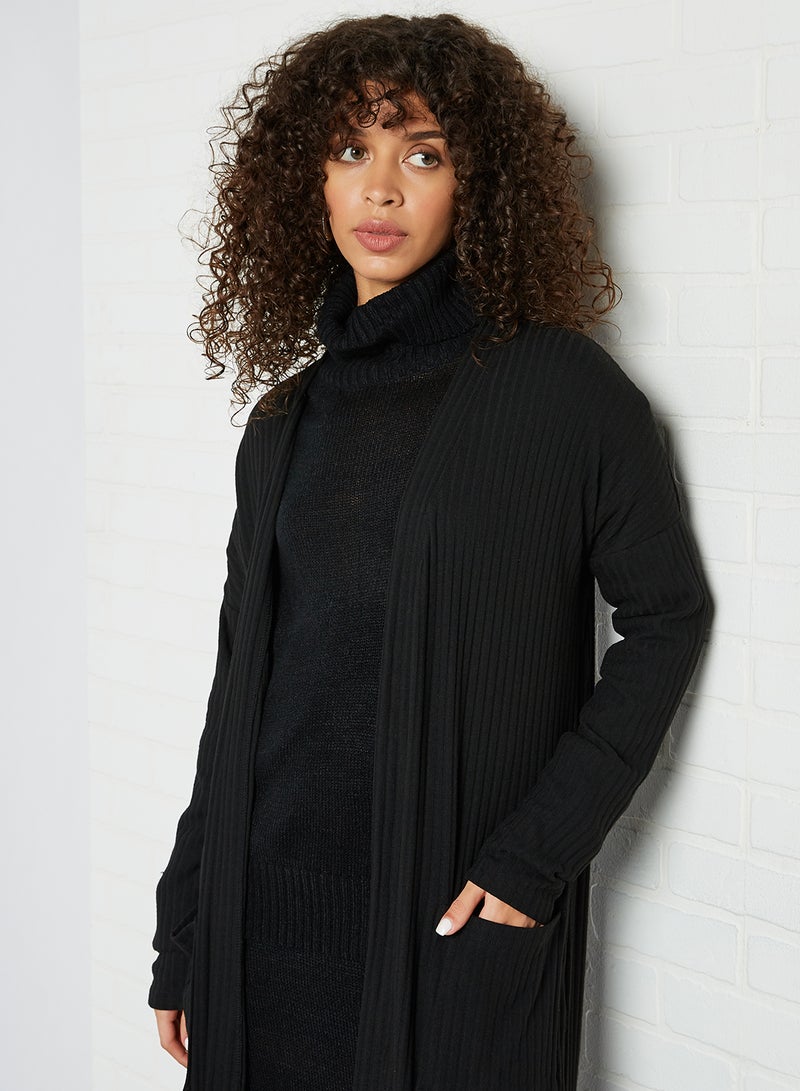 BRAVE SOUL - Ribbed Longline Cardigan Black - Image 1