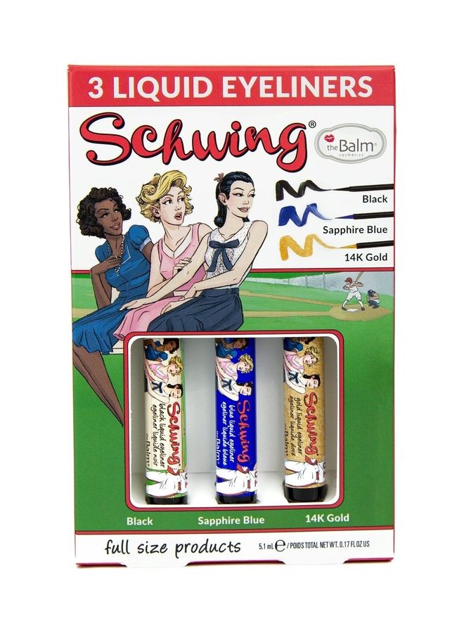 theBalm - 3-Piece Schwing Liquid Eyeliner Black/Sapphire Blue/Gold - Image 1