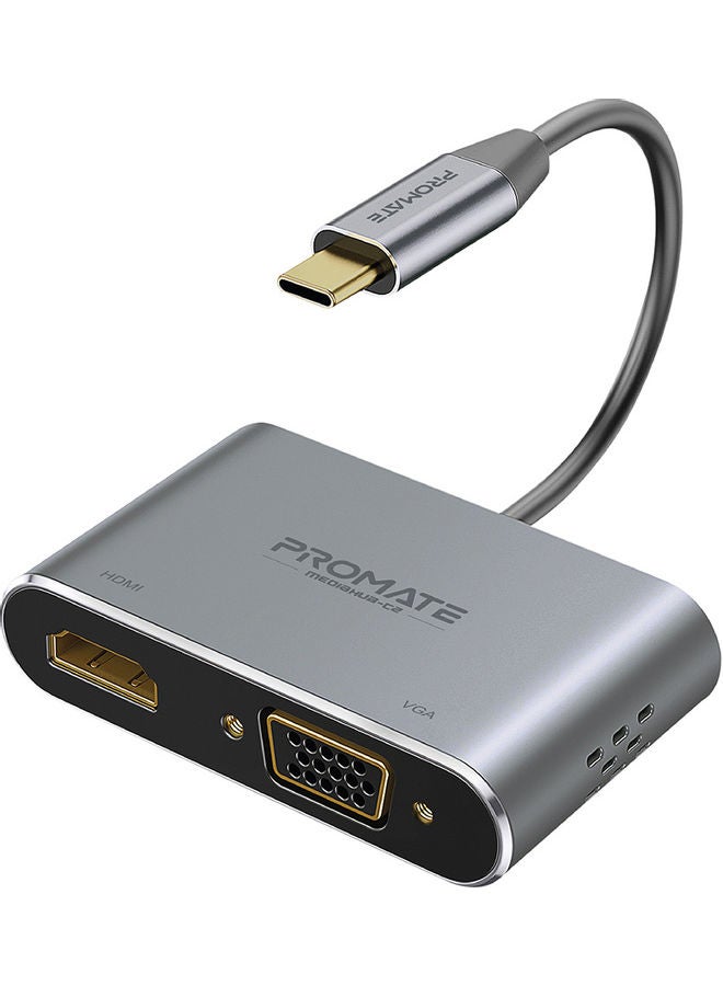 PROMATE - Promate USB-C™ to VGA and HDMI Adapter, High Definition Aluminium Converter 4K Ultra HD Adapter with 1080 VGA and Dual Screen Display Support for  MacBook Pro/Air, iPad Pro, MediaHub-C2 Grey - Image 1