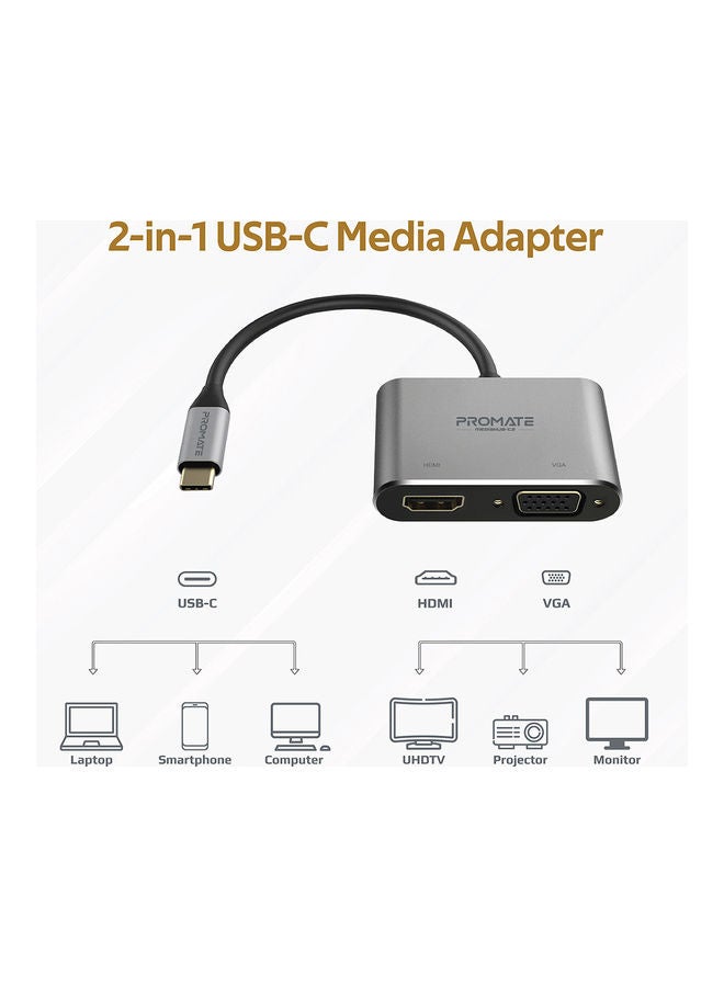 PROMATE - Promate USB-C™ to VGA and HDMI Adapter, High Definition Aluminium Converter 4K Ultra HD Adapter with 1080 VGA and Dual Screen Display Support for  MacBook Pro/Air, iPad Pro, MediaHub-C2 Grey - Image 1