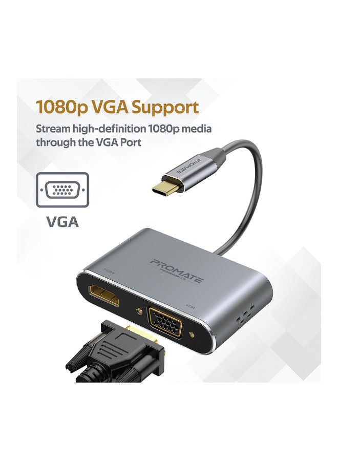 PROMATE - Promate USB-C™ to VGA and HDMI Adapter, High Definition Aluminium Converter 4K Ultra HD Adapter with 1080 VGA and Dual Screen Display Support for  MacBook Pro/Air, iPad Pro, MediaHub-C2 Grey - Image 1