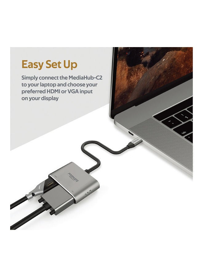 PROMATE - Promate USB-C™ to VGA and HDMI Adapter, High Definition Aluminium Converter 4K Ultra HD Adapter with 1080 VGA and Dual Screen Display Support for  MacBook Pro/Air, iPad Pro, MediaHub-C2 Grey - Image 1