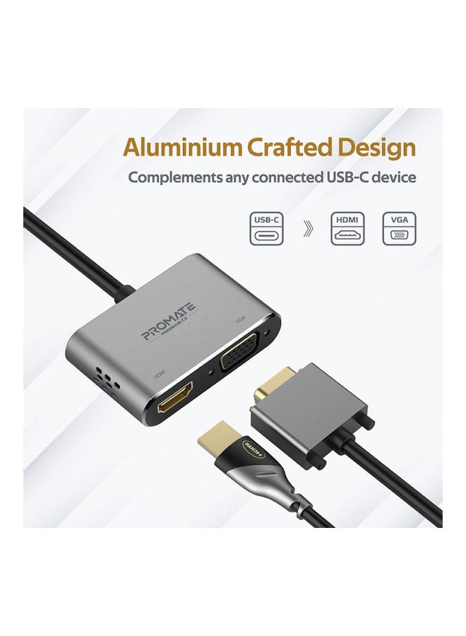 PROMATE - Promate USB-C™ to VGA and HDMI Adapter, High Definition Aluminium Converter 4K Ultra HD Adapter with 1080 VGA and Dual Screen Display Support for  MacBook Pro/Air, iPad Pro, MediaHub-C2 Grey - Image 1