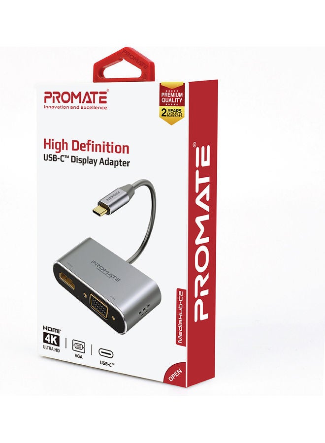 PROMATE - Promate USB-C™ to VGA and HDMI Adapter, High Definition Aluminium Converter 4K Ultra HD Adapter with 1080 VGA and Dual Screen Display Support for  MacBook Pro/Air, iPad Pro, MediaHub-C2 Grey - Image 1