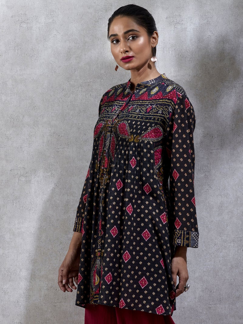 RITU KUMAR - Band Collar Full Sleeves Printed Kurti Black - Image 1