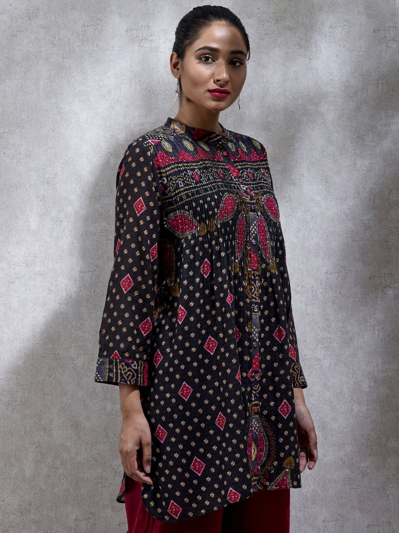 RITU KUMAR - Band Collar Full Sleeves Printed Kurti Black - Image 1