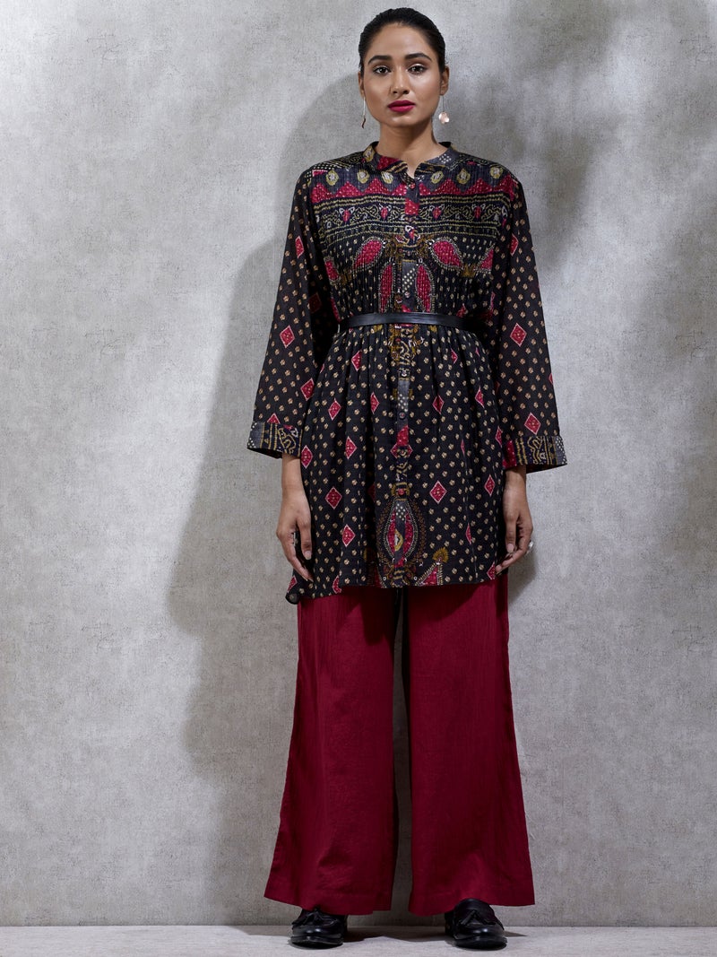 RITU KUMAR - Band Collar Full Sleeves Printed Kurti Black - Image 1