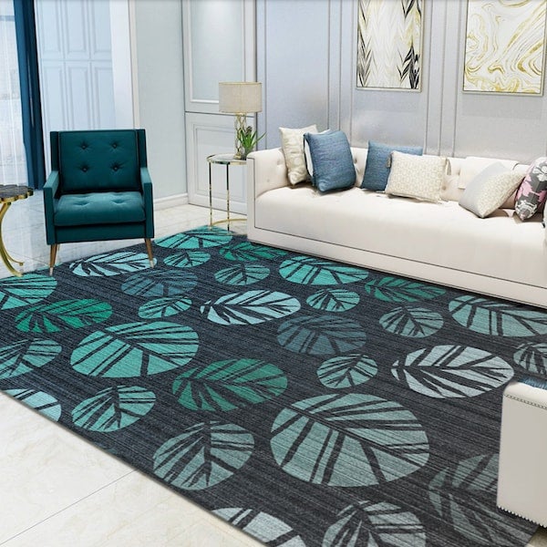 Modern Persian Style Leaf Printed Living Room Floor Rug Green 60x90cm - Image 3