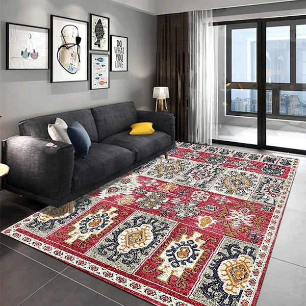Vintage Bohemia Style Living Room Bedroom Anti-Slip Fashion Carpet, Synthetic Fibre, Rectangle Red 60*90(W*L)cm  - Image 2