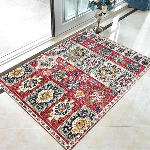 Vintage Bohemia Style Living Room Bedroom Anti-Slip Fashion Carpet, Synthetic Fibre, Rectangle Red 60*90(W*L)cm  - Image 3