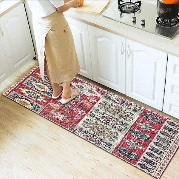 Vintage Bohemia Style Living Room Bedroom Anti-Slip Fashion Carpet, Synthetic Fibre, Rectangle Red 60*90(W*L)cm  - Image 4