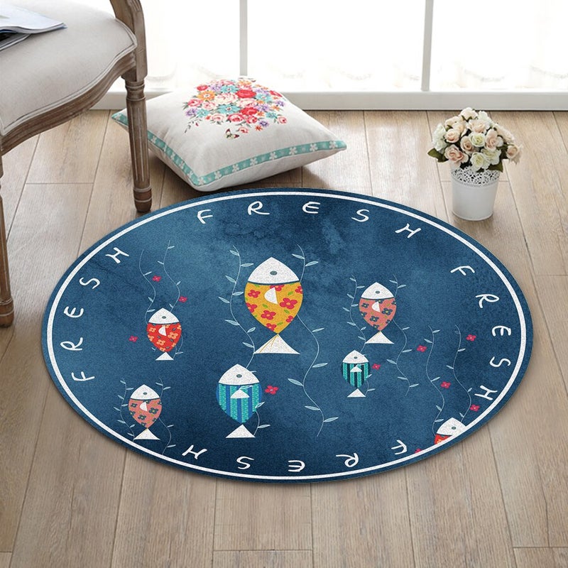 1 Piece Bedroom Rug Round Shape Foldable Fish Pattern Carpet Blue Diameter 40cmcm - Image 1