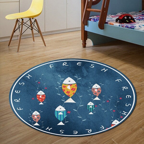1 Piece Bedroom Rug Round Shape Foldable Fish Pattern Carpet Blue Diameter 40cmcm - Image 4