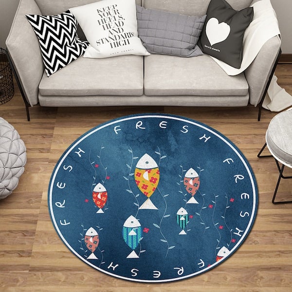 1 Piece Bedroom Rug Round Shape Foldable Fish Pattern Carpet Blue Diameter 40cmcm - Image 5