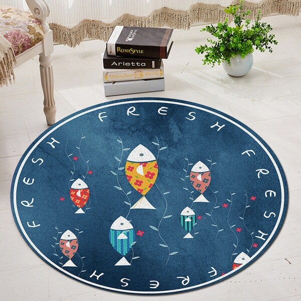 1 Piece Bedroom Rug Round Shape Foldable Fish Pattern Carpet Blue Diameter 40cmcm - Image 2