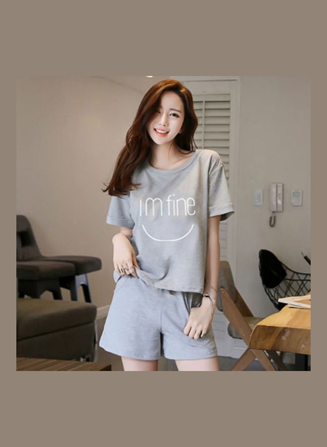 Slogan Text Printed T-Shirt And Shorts Sleepwear Set Grey/White