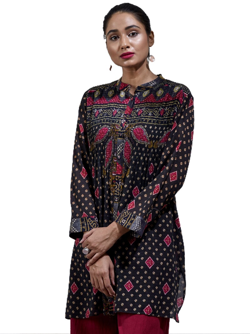 RITU KUMAR - Band Collar Full Sleeves Printed Kurti Black - Image 1