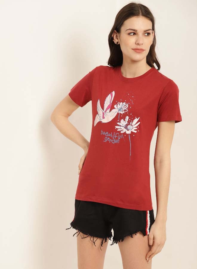 Aila - Printed Round Neck Casual Wear T-Shirt Rust Brown - Image 1