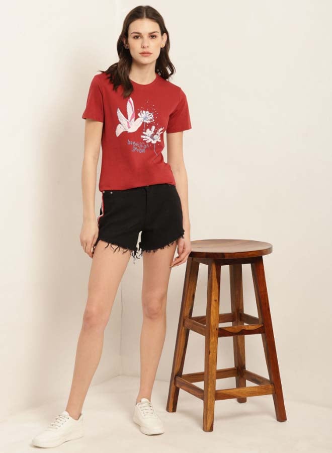 Aila - Printed Round Neck Casual Wear T-Shirt Rust Brown - Image 1
