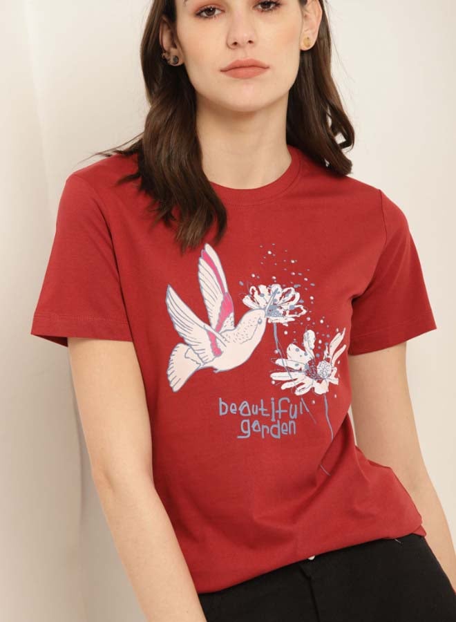 Aila - Printed Round Neck Casual Wear T-Shirt Rust Brown - Image 1