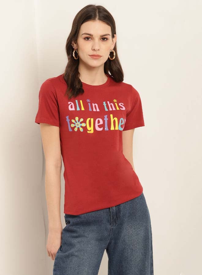 Aila - Printed Round Neck Casual Wear T-Shirt Rust Brown - Image 1