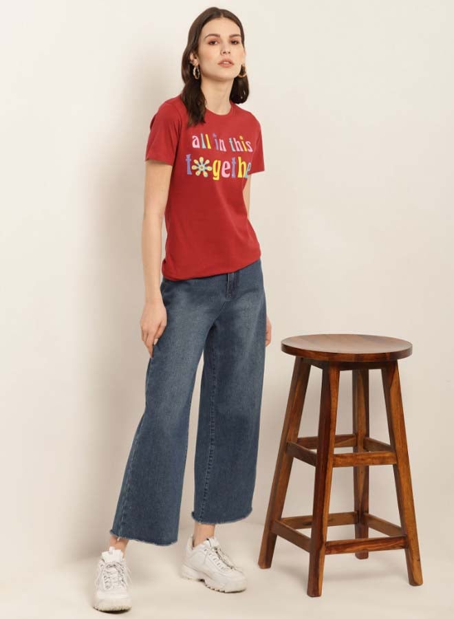 Aila - Printed Round Neck Casual Wear T-Shirt Rust Brown - Image 1