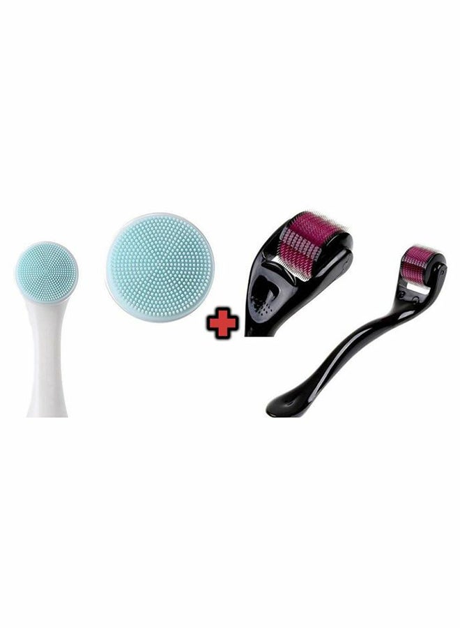 طقم فرشاة تنظيف الوجه مزدوجة الجوانب من السيليكون مع عجلة ديرما رولر من قطعتين أزرق فاتح/ أسود - Image 1
