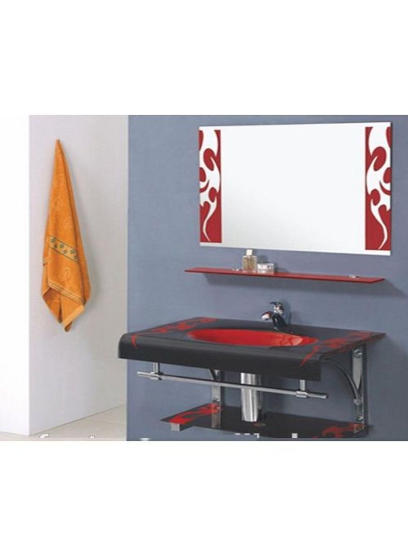 Glass Wash Basin With Shelves Black/Red 80cm