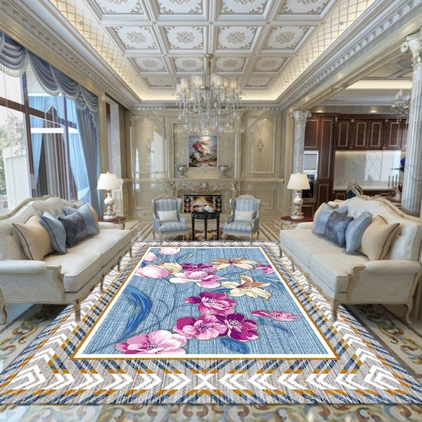 Classic Floral Print Living Room Floor Mat Blue 40x60cm - Image 5