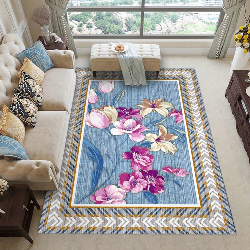 Classic Floral Print Living Room Floor Mat Blue 40x60cm - Image 1