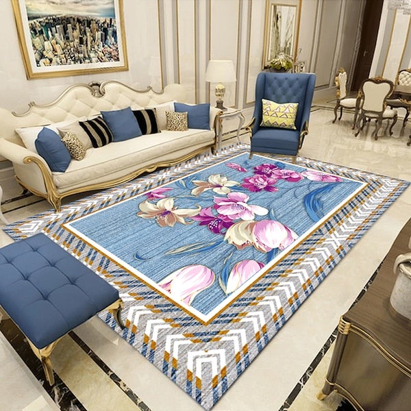 Classic Floral Print Living Room Floor Mat Blue 40x60cm - Image 2