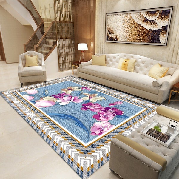 Classic Floral Print Living Room Floor Mat Blue 40x60cm - Image 3