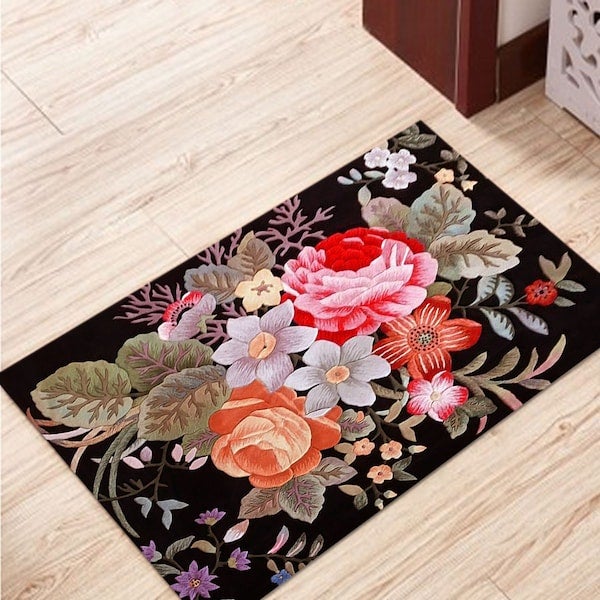 3D Flower Print Living Room Floor Mat Black 40x60cm - Image 2
